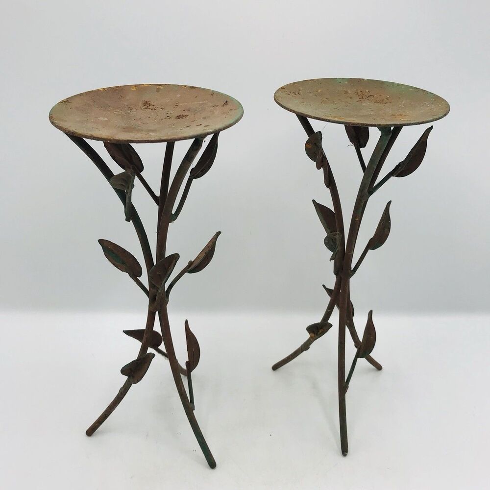 Set of 2 Metal Leaf Pillar Candle Holders Leaves Vintage Rustic Patina 9.5x4 In